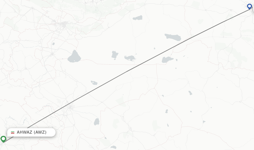 Flights from Ahwaz to Mashad route map