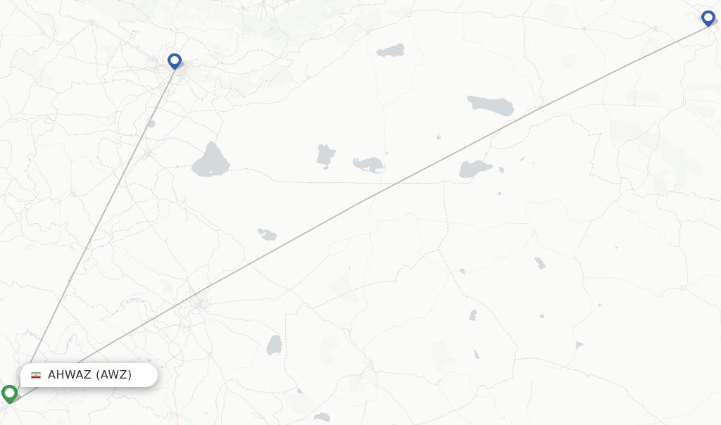 Route map with flights from Ahwaz with Qeshm Air