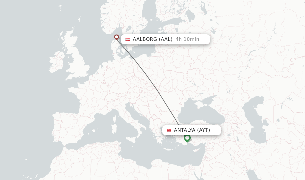 Flights from Antalya to Aalborg route map