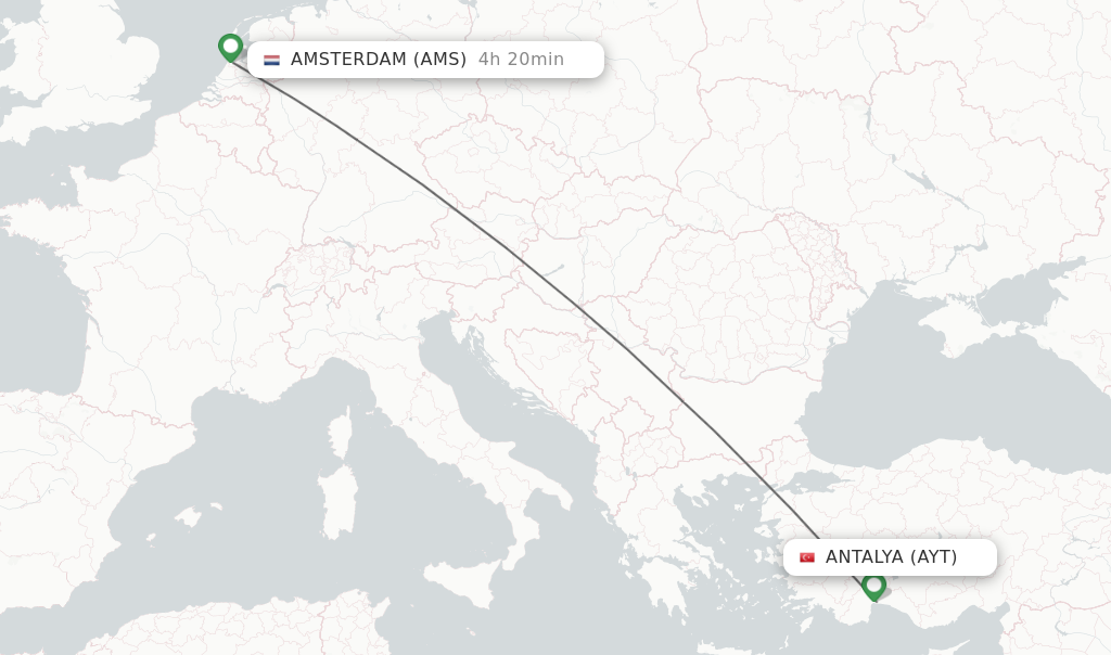 Flights from Antalya to Amsterdam route map