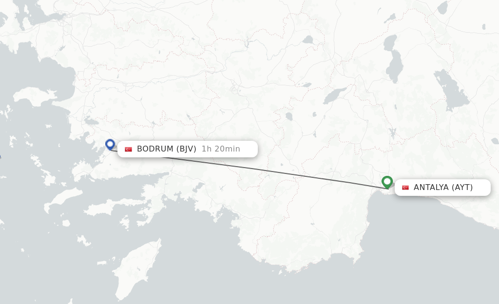 Flights from Antalya to Bodrum route map