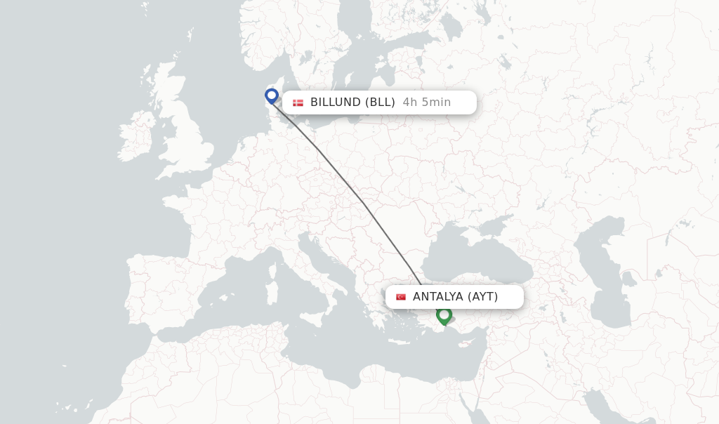 Flights from Antalya to Billund route map
