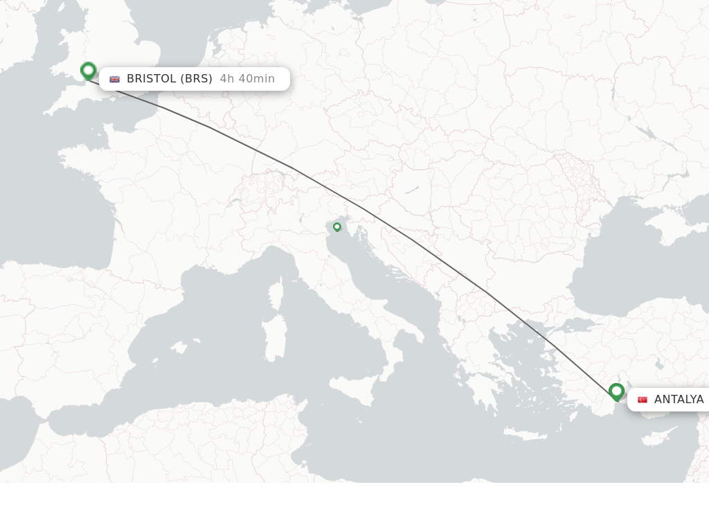 Flights from Antalya to Bristol route map