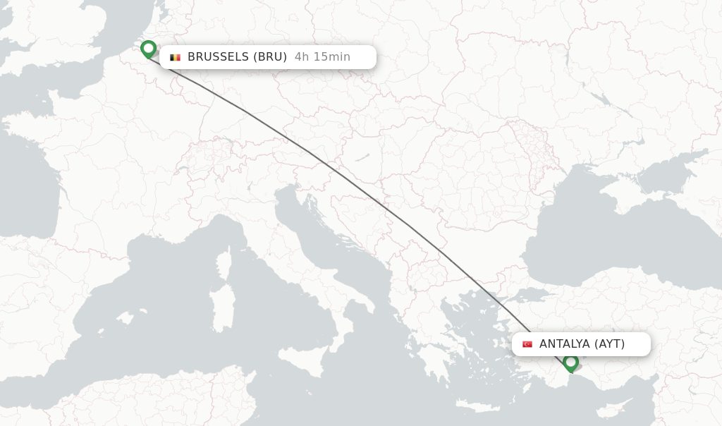 Flights from Antalya to Brussels route map