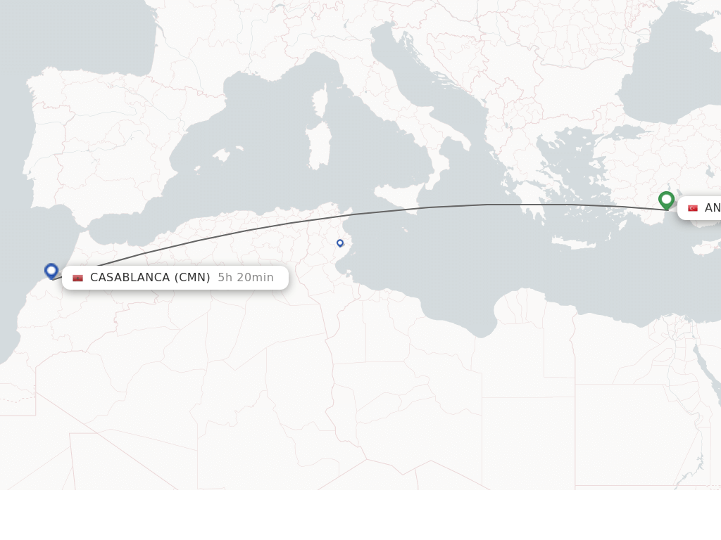 Flights from Antalya to Casablanca route map