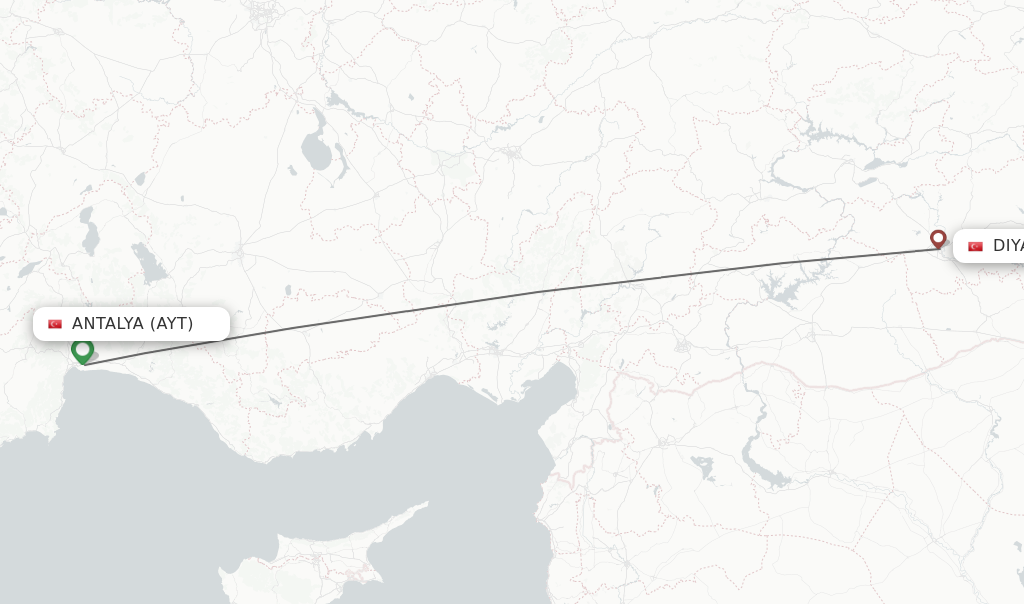 Flights from Antalya to Diyarbakir route map