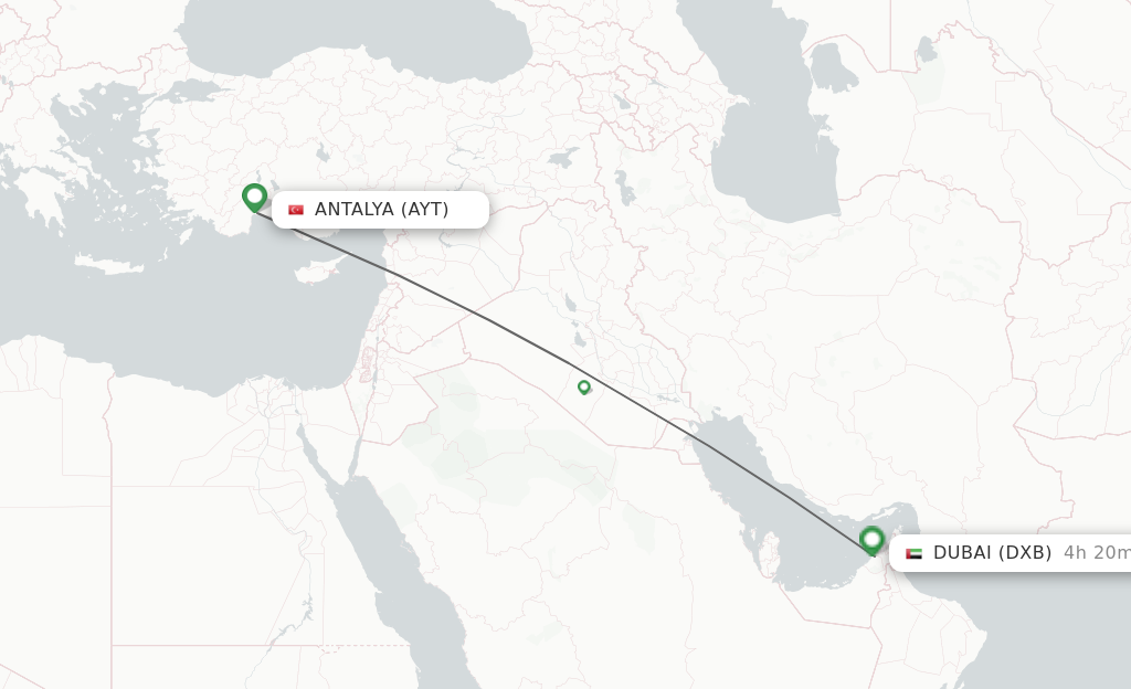 Flights from Antalya to Dubai route map