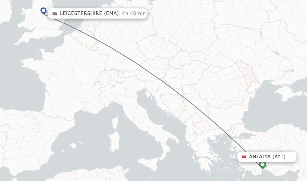 Flights from Antalya to Leicestershire route map