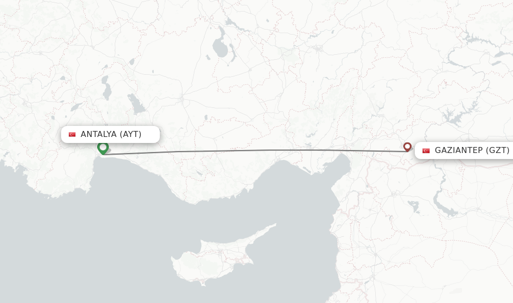 Flights from Antalya to Gaziantep route map