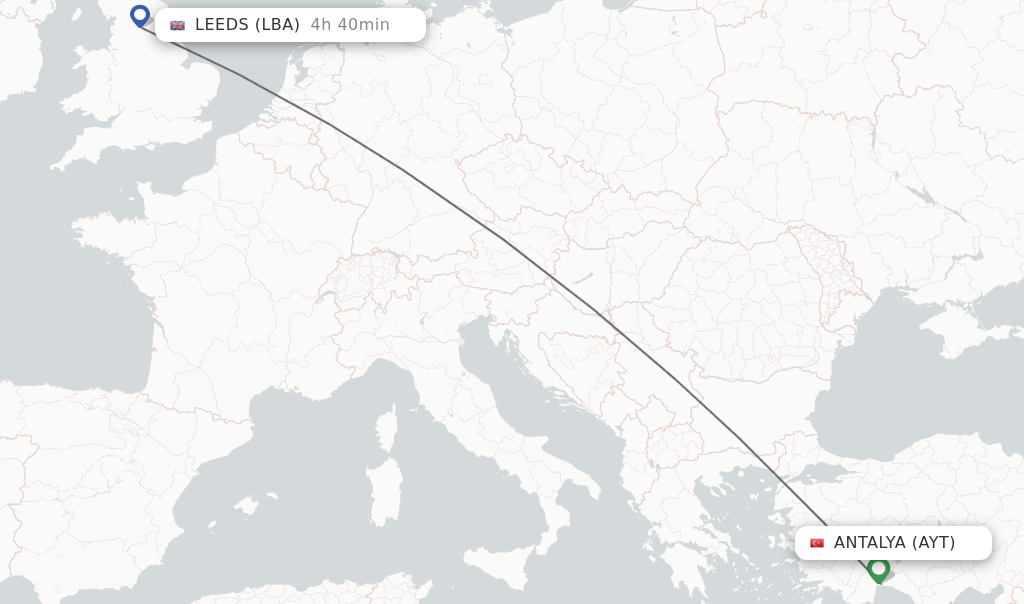 Flights from Antalya to Leeds route map