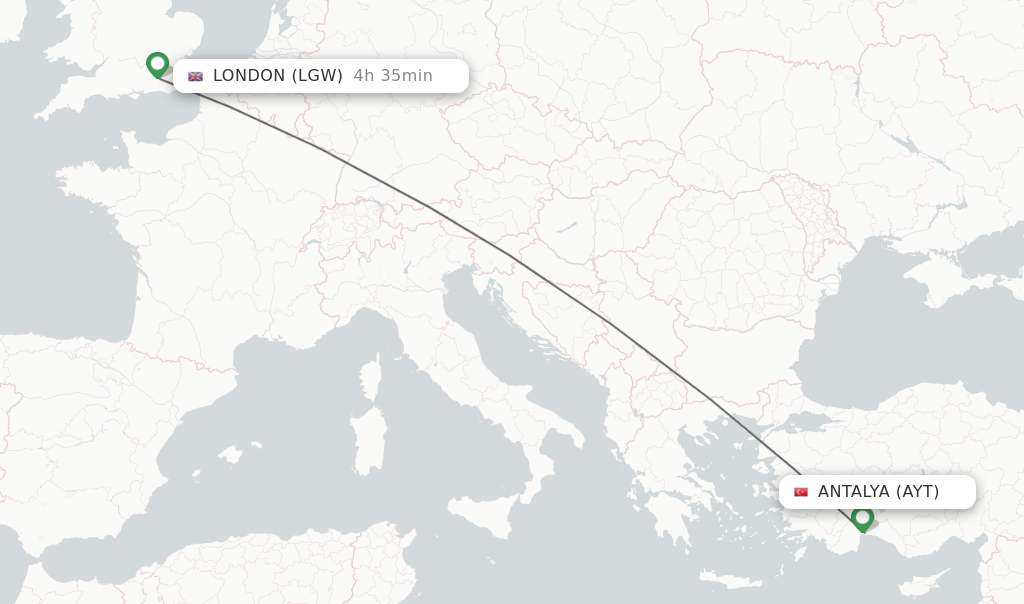 Flights from Antalya to London route map