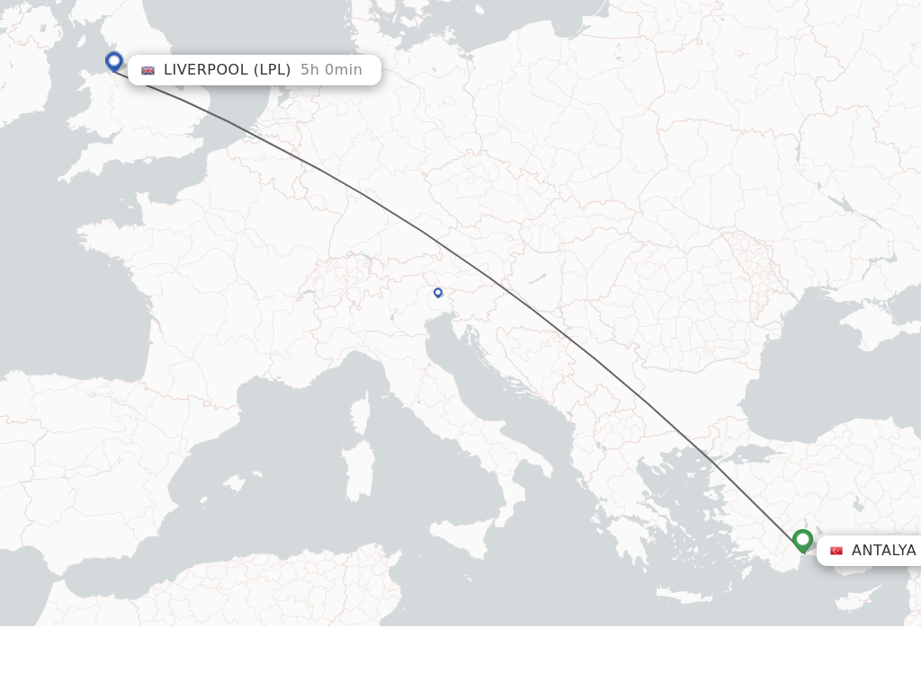 Flights from Antalya to Liverpool route map