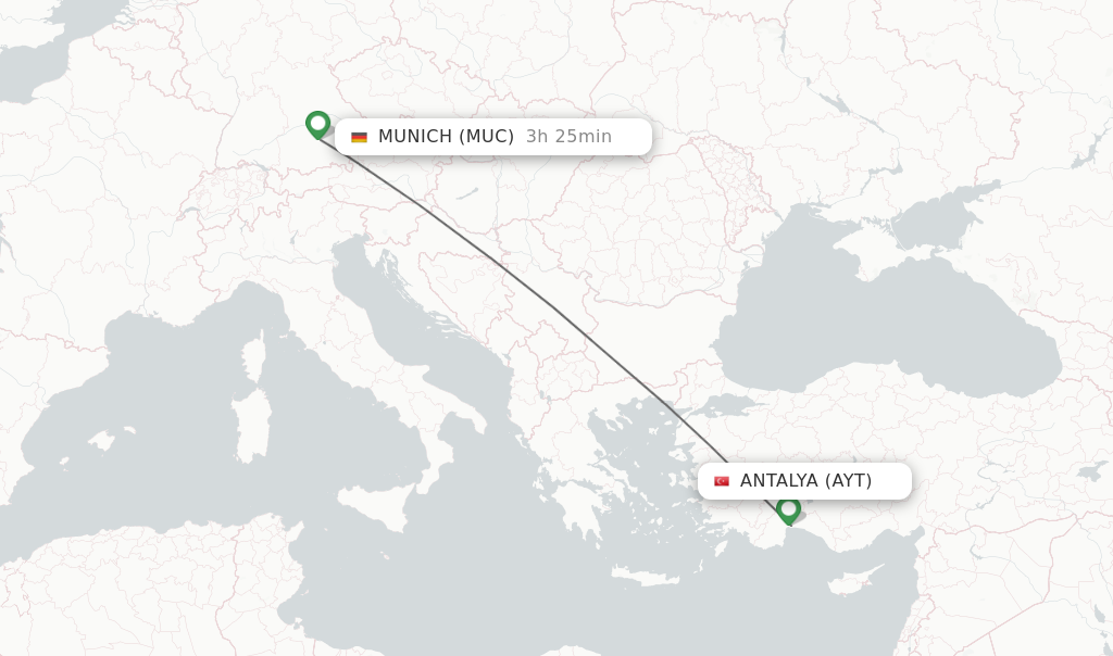 Flights from Antalya to Munich route map