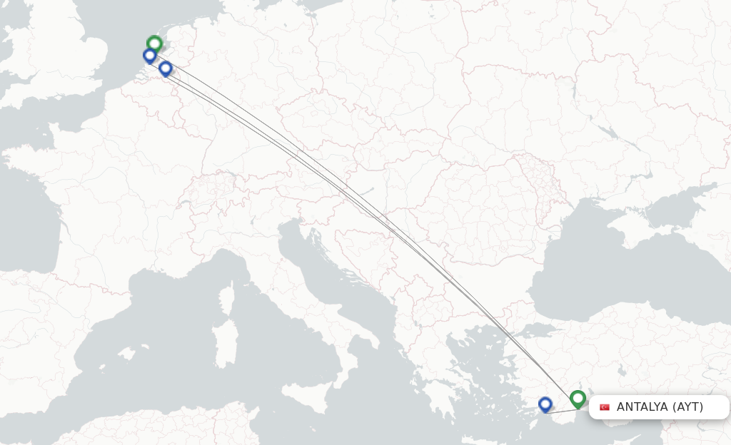 Route map with flights from Antalya with TUIfly Netherlands