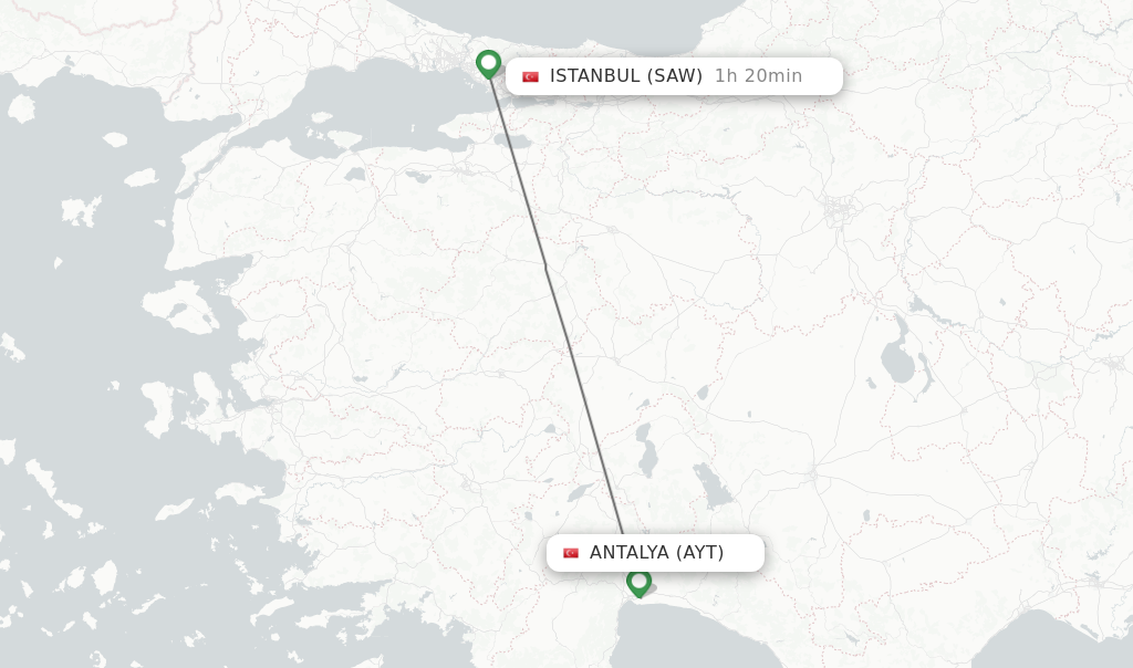 Flights from Antalya to Istanbul route map