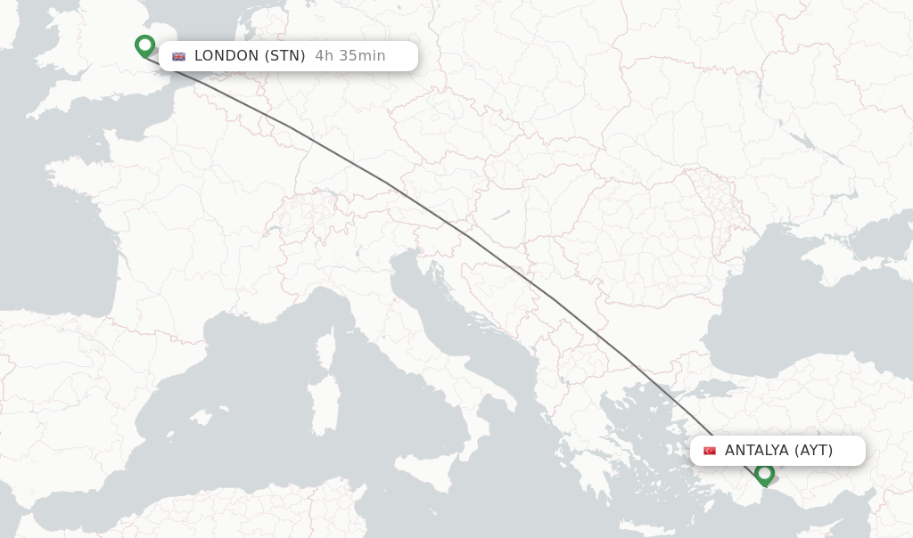 Flights from Antalya to London route map