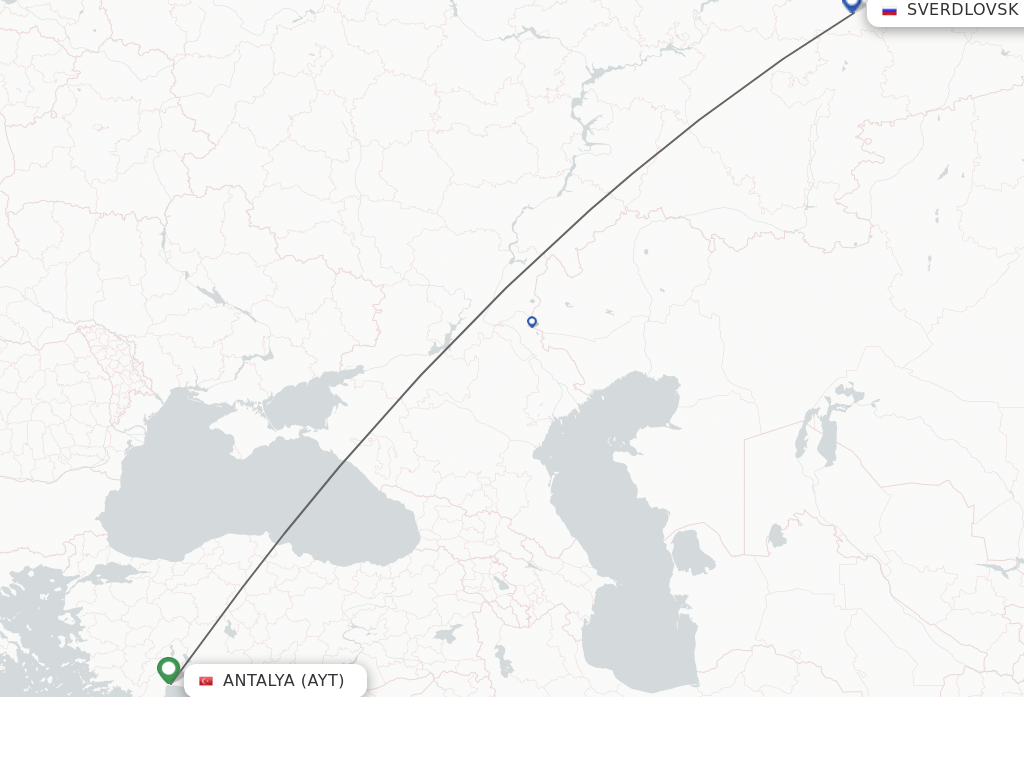 Flights from Antalya to Yekaterinburg route map