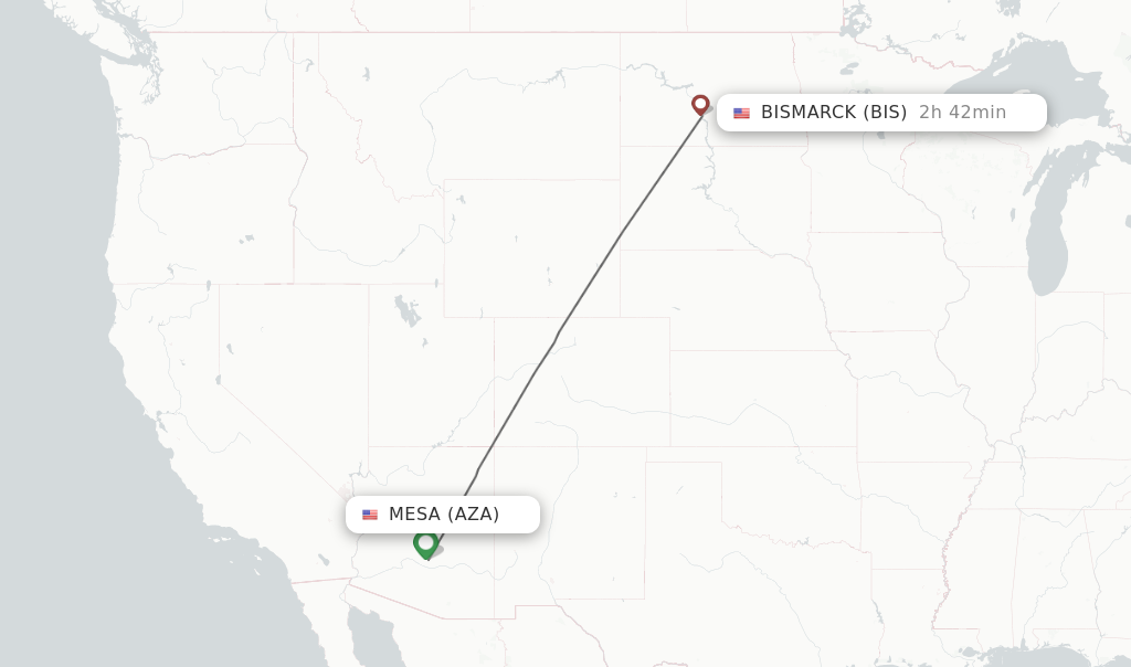 Flights from Mesa to Bismarck route map