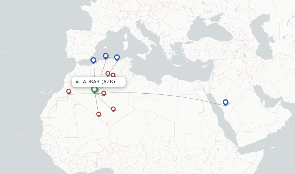 Route map with flights from Adrar with Air Algerie