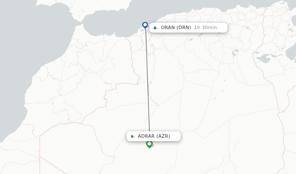 Flights from Adrar to Oran route map