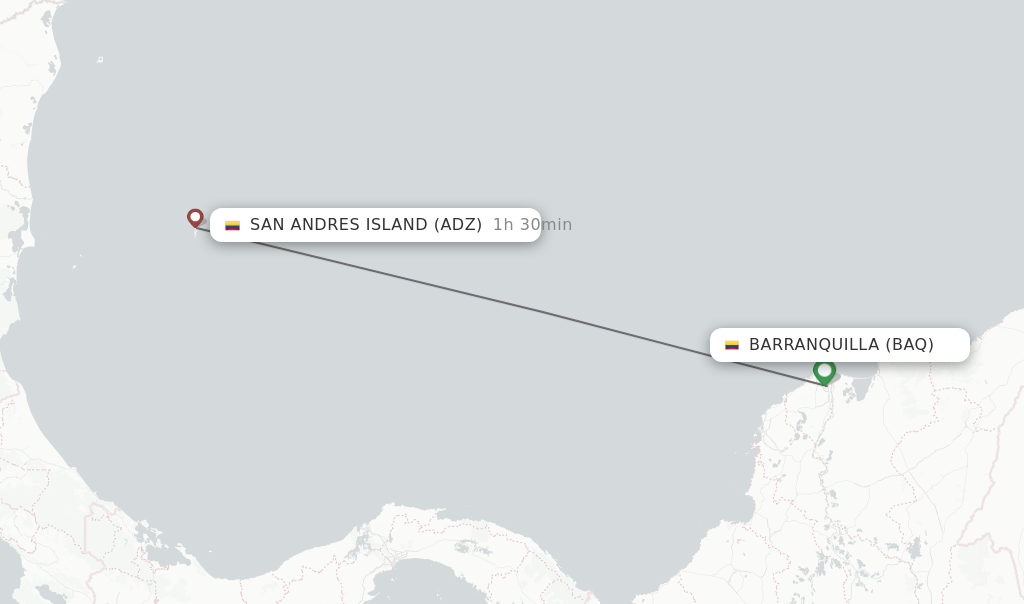 Flights from Barranquilla to San Andres Island route map