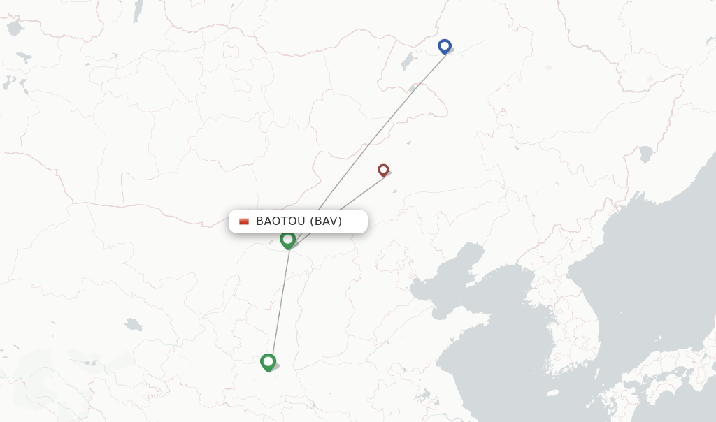 Route map with flights from Baotou with Tianjin Airlines