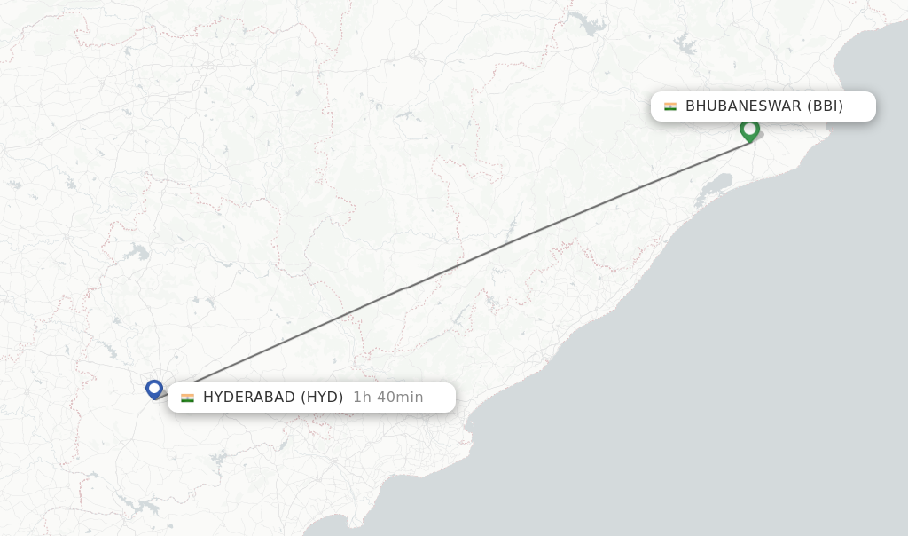 Flights from Bhubaneswar to Hyderabad route map