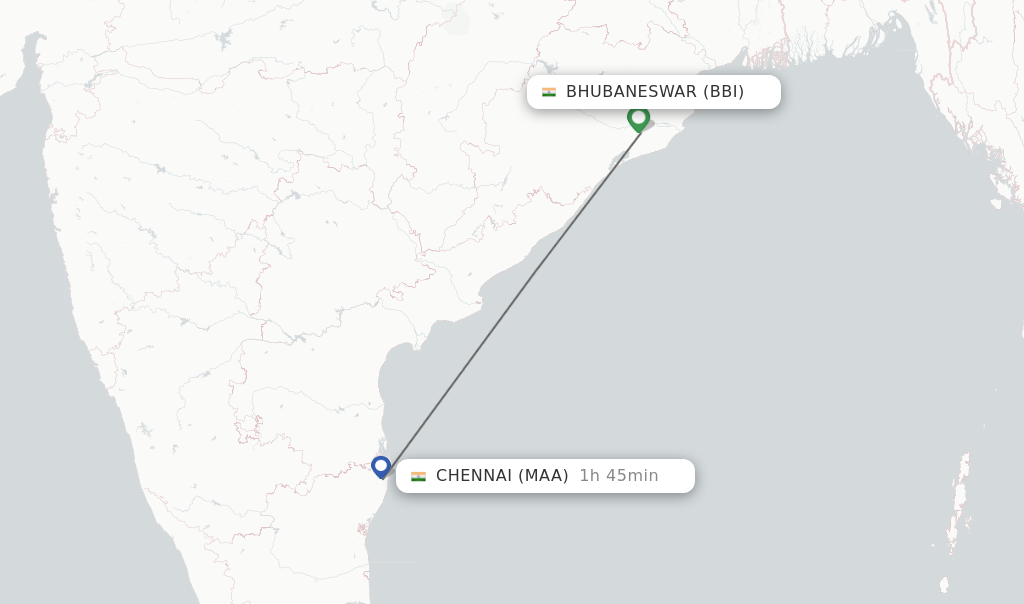Flights from Bhubaneswar to Chennai route map