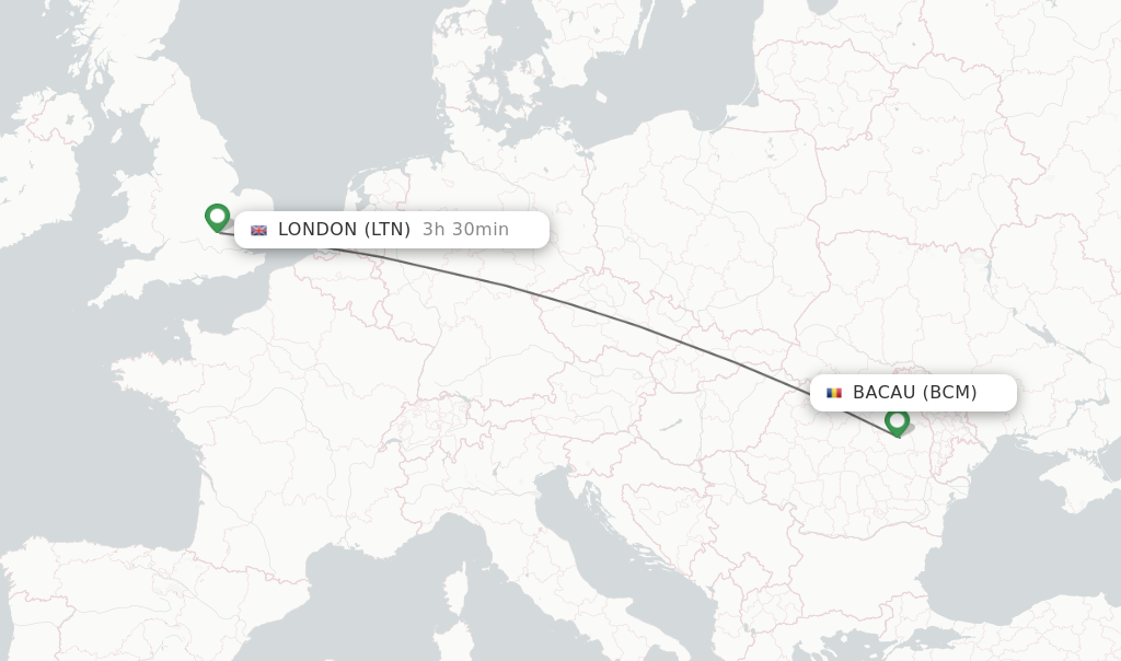 Flights from Bacau to London route map