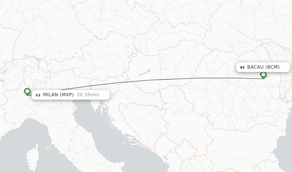 Flights from Bacau to Milan route map