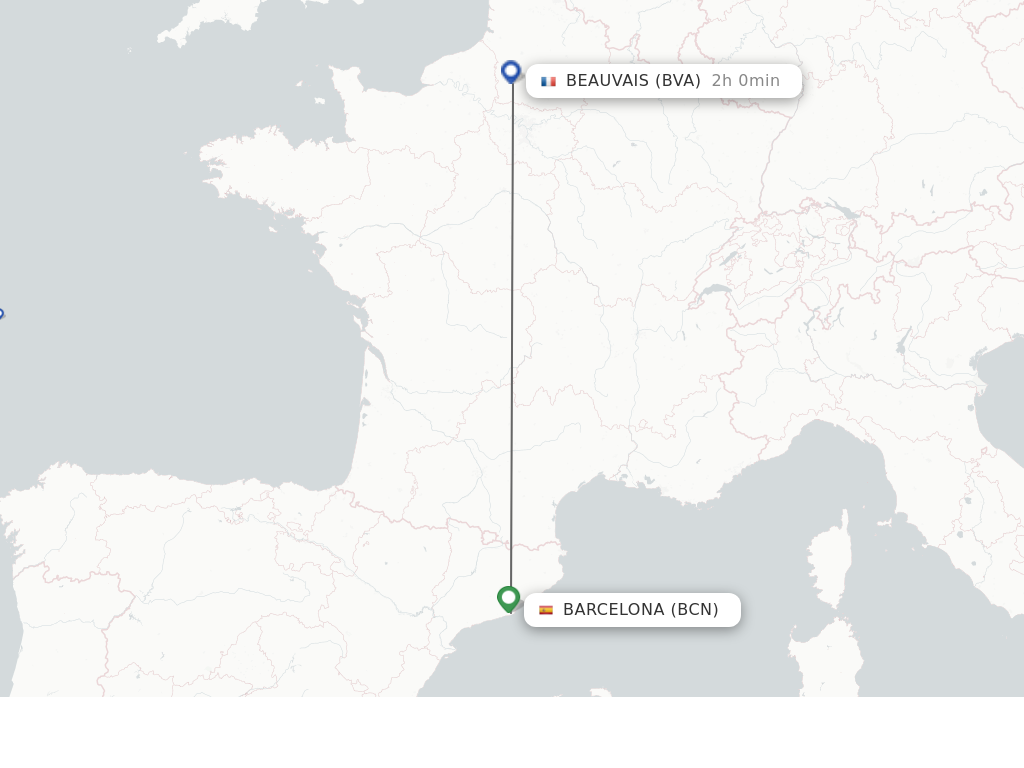 Flights from Barcelona to Paris route map