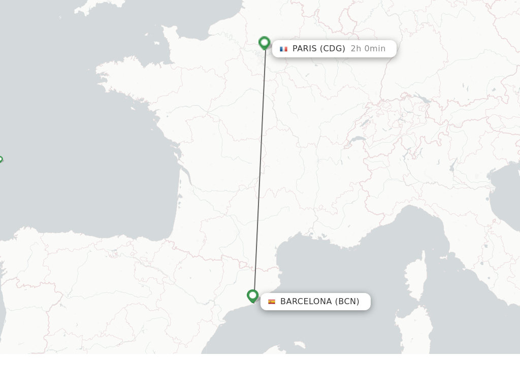 Flights from Barcelona to Paris route map