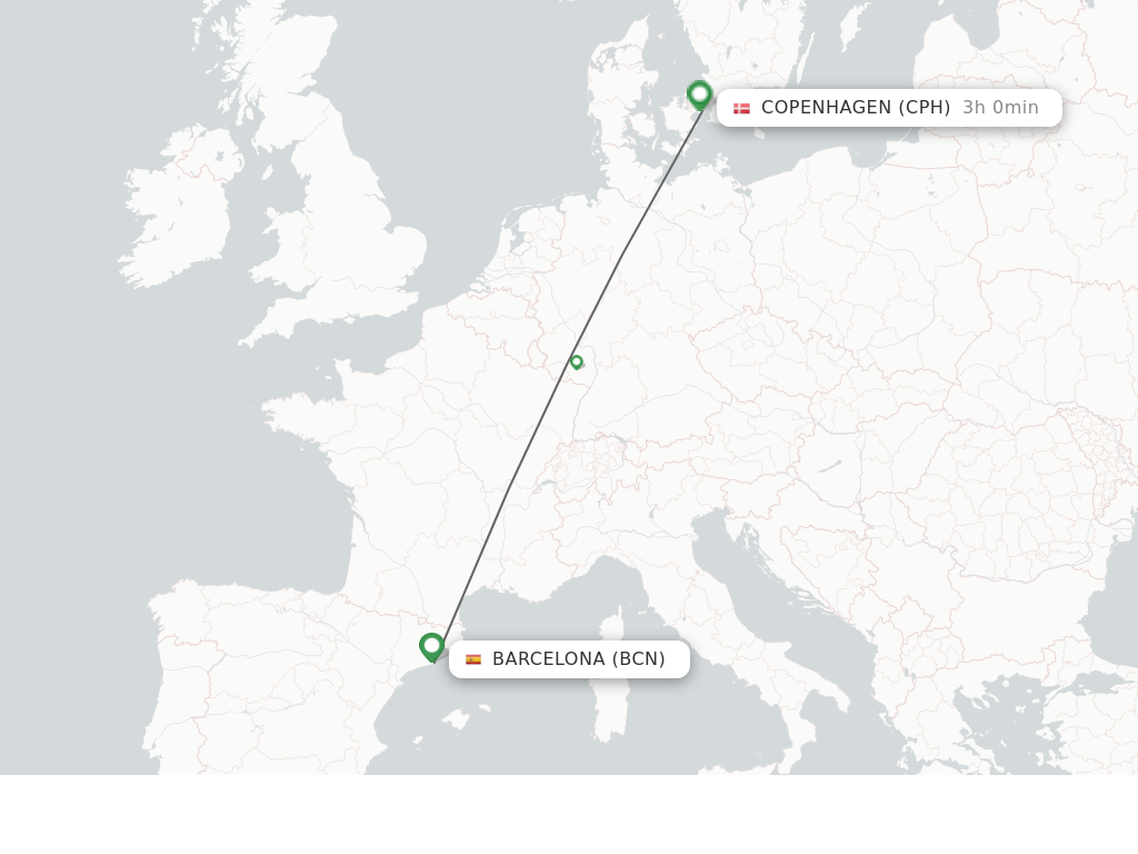 Flights from Barcelona to Copenhagen route map