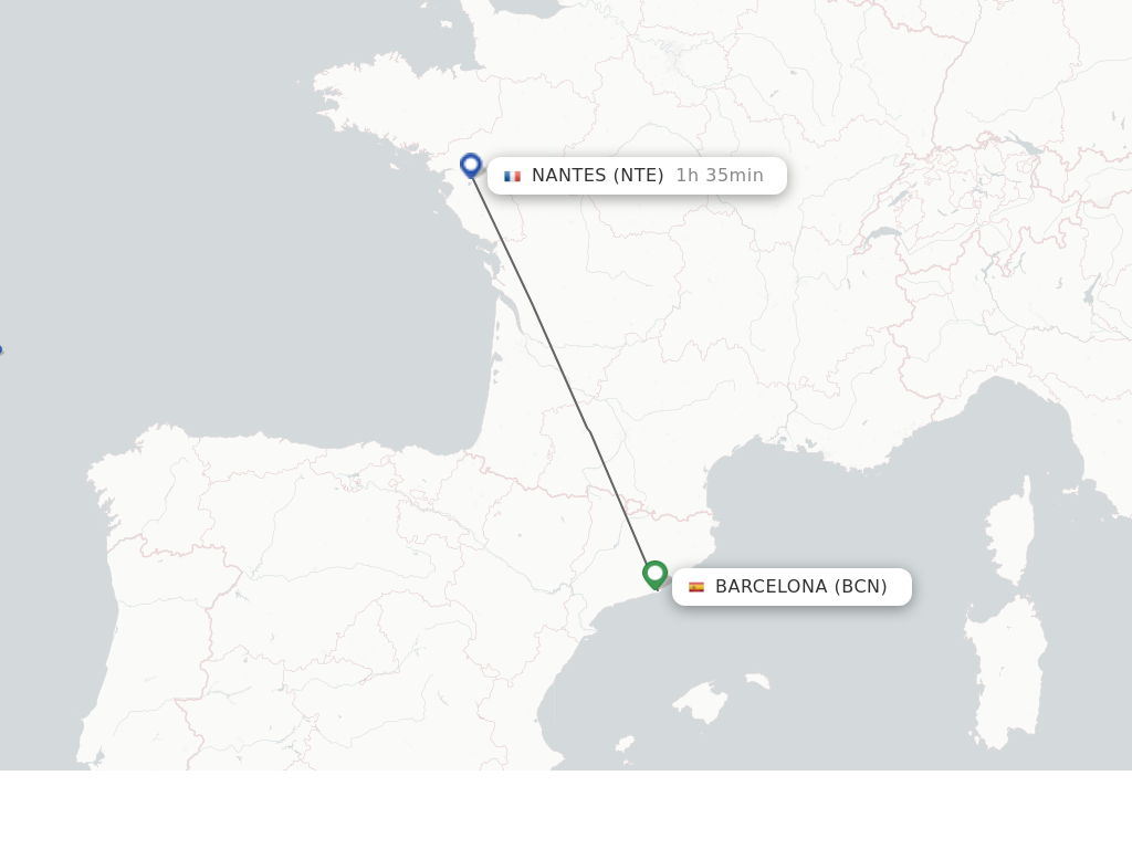Flights from Barcelona to Nantes route map
