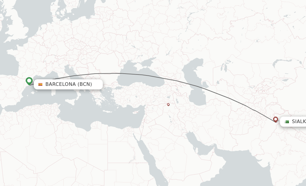 Flights from Sialkot to Barcelona route map