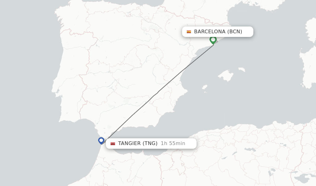 Flights from Barcelona to Tangier route map