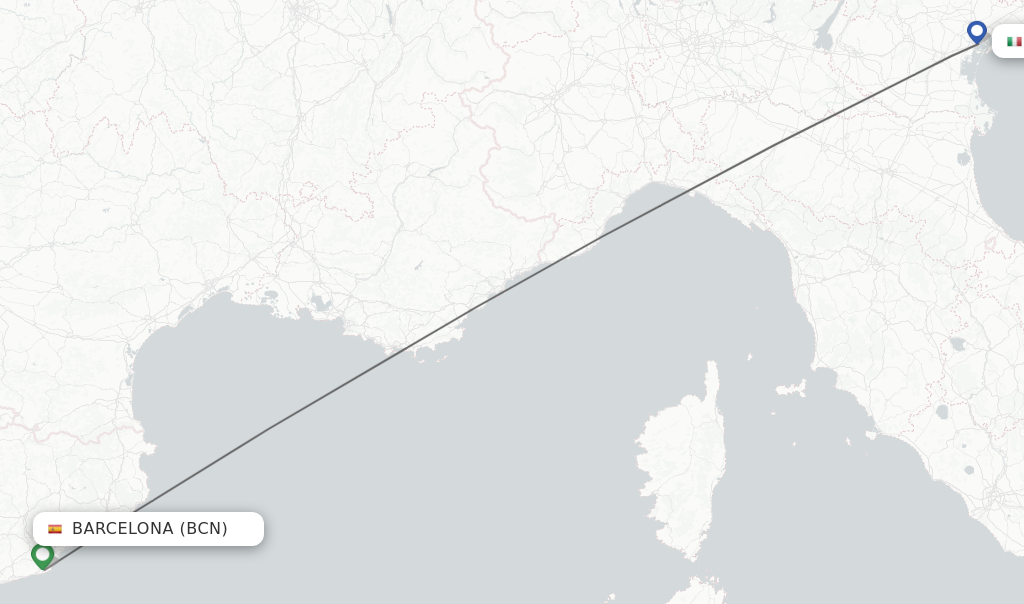 Flights from Barcelona to Venice route map