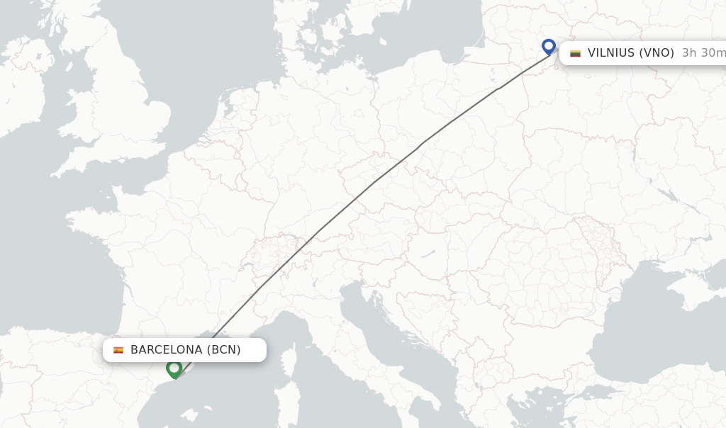 Flights from Barcelona to Vilnius route map