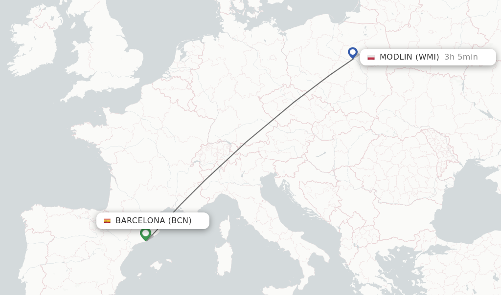 Flights from Barcelona to Modlin route map
