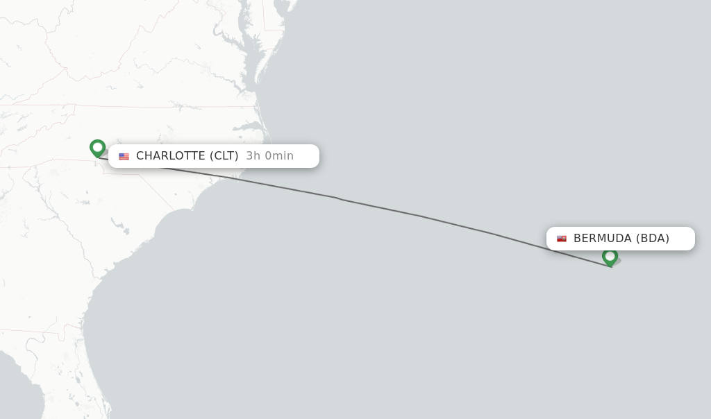 Flights from Bermuda to Charlotte route map