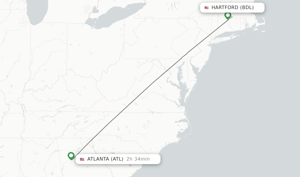 Flights from Hartford to Atlanta route map