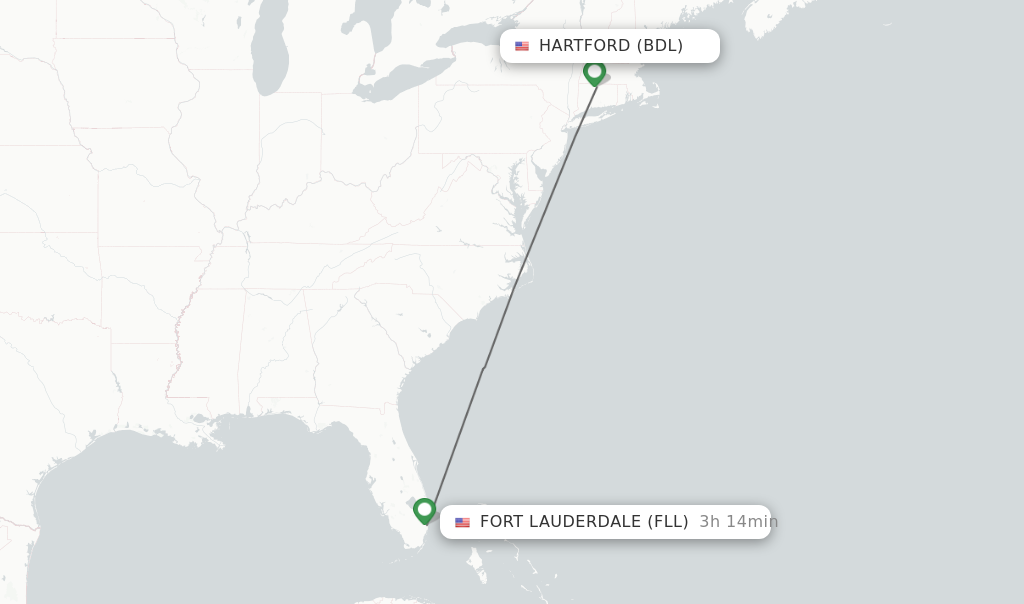 Flights from Hartford to Fort Lauderdale route map