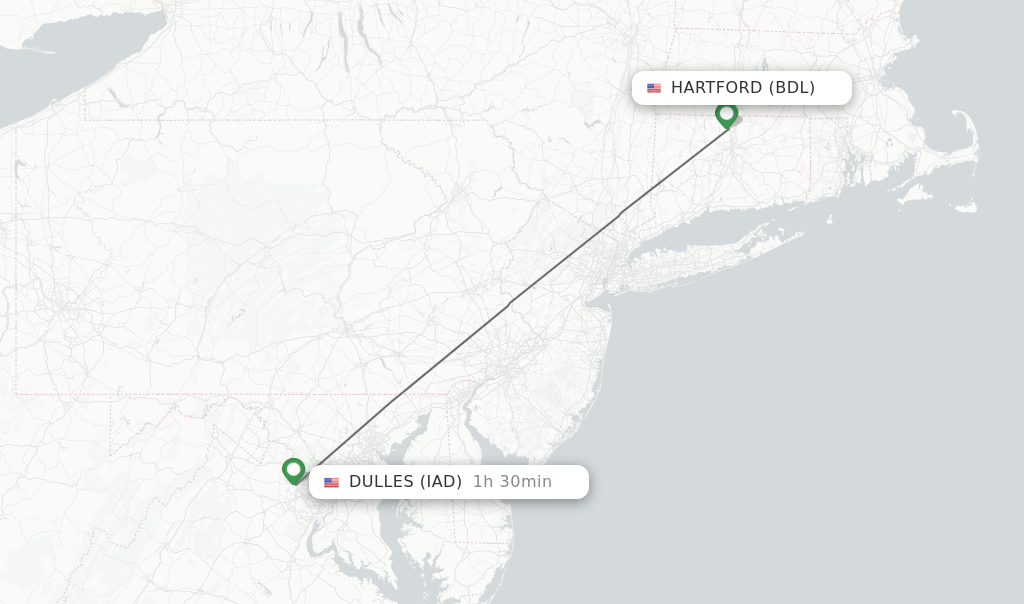 Flights from Hartford to Dulles route map