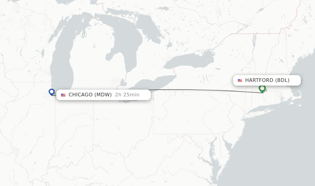 Flights from Hartford to Chicago route map