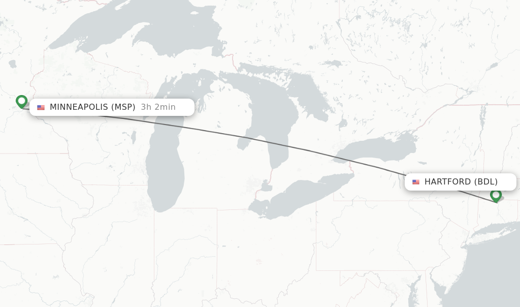 Flights from Hartford to Minneapolis route map