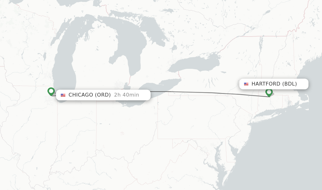 Flights from Hartford to Chicago route map