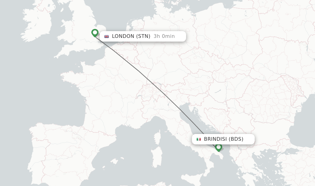 Flights from Brindisi to London route map