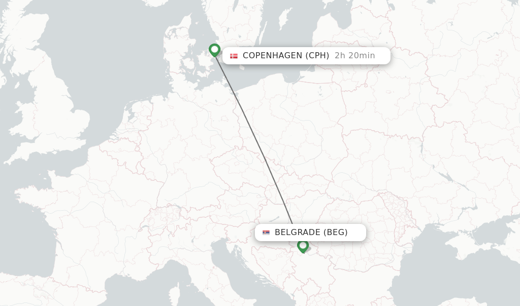 Flights from Belgrade to Copenhagen route map