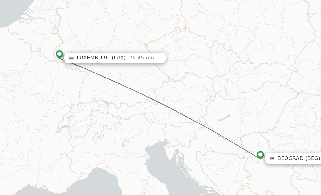 Flights from Belgrade to Luxembourg route map