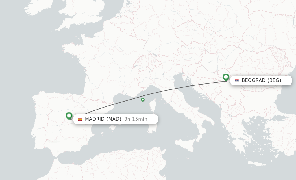 Flights from Belgrade to Madrid route map